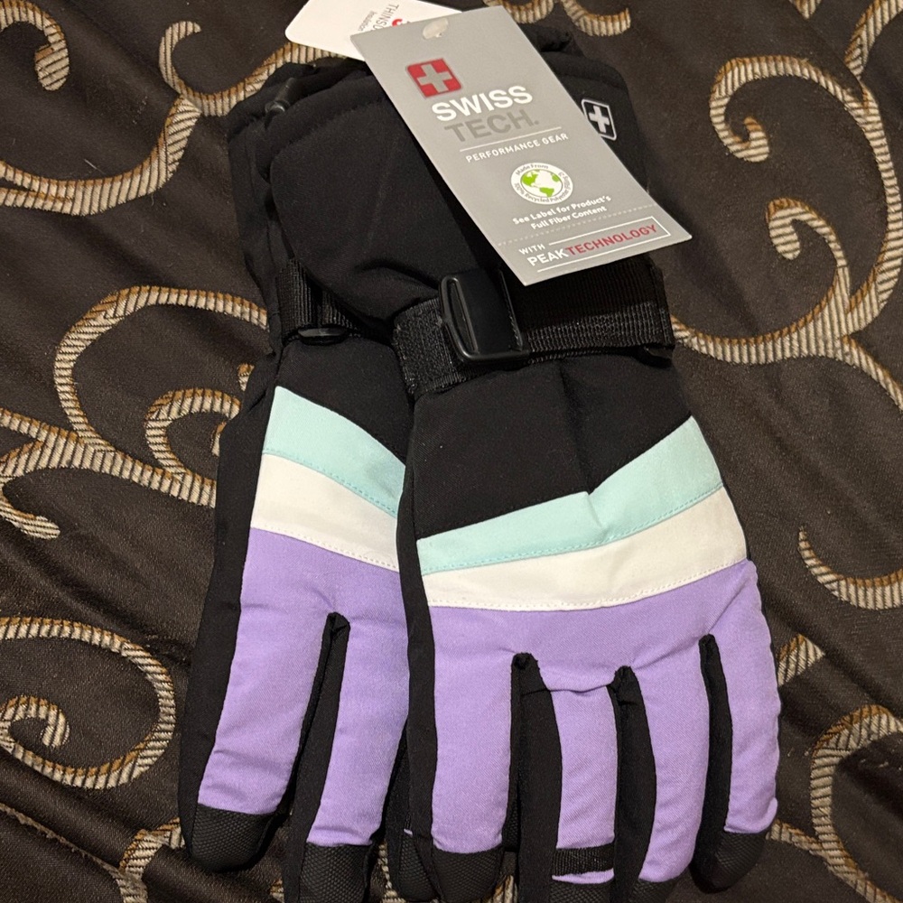Swiss Tech Black Gloves with Lavender and Mint Trim